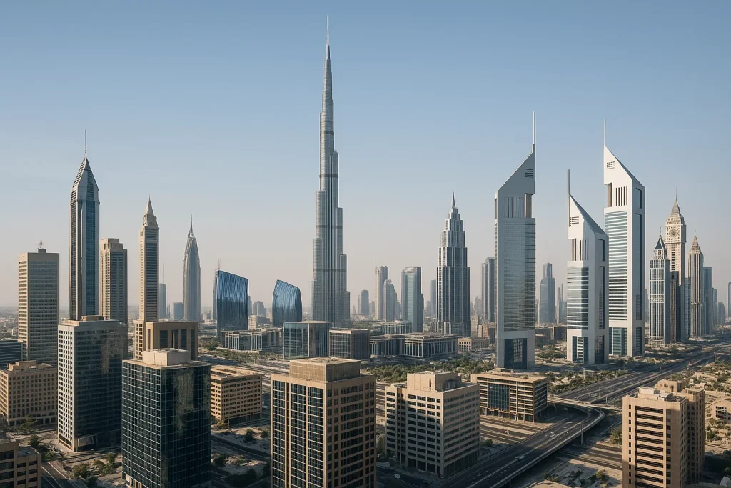 Commercial real estate in Dubai skyline with modern office buildings for investment in 2025
