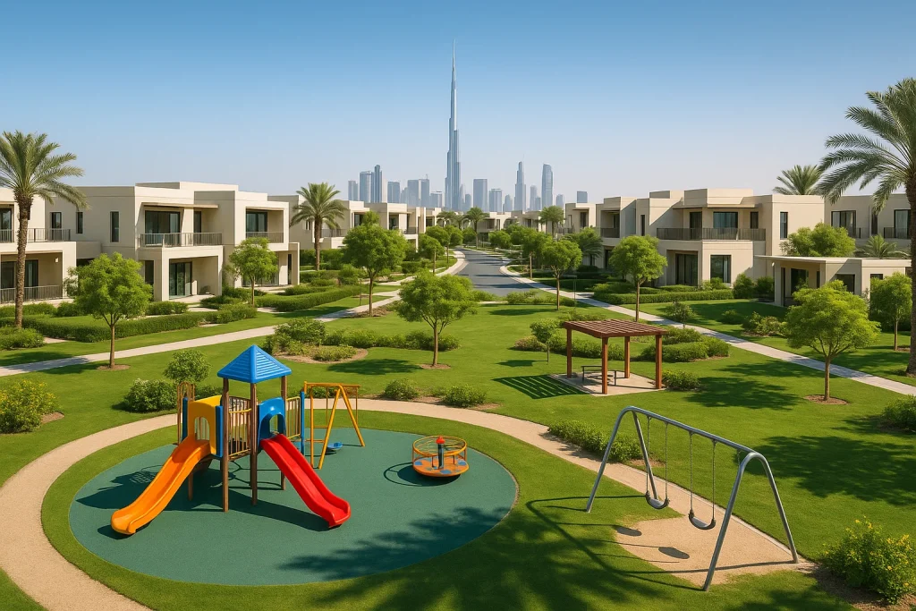 Modern family-friendly community in Dubai with villas, green parks, and playgrounds in 2025