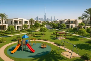 Modern family-friendly community in Dubai with villas, green parks, and playgrounds in 2025