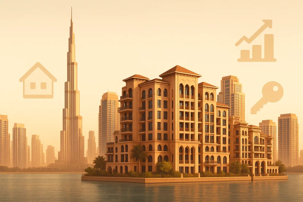 Dubai skyline with luxury properties and real estate investment icons, representing a trusted property advisor in Dubai.