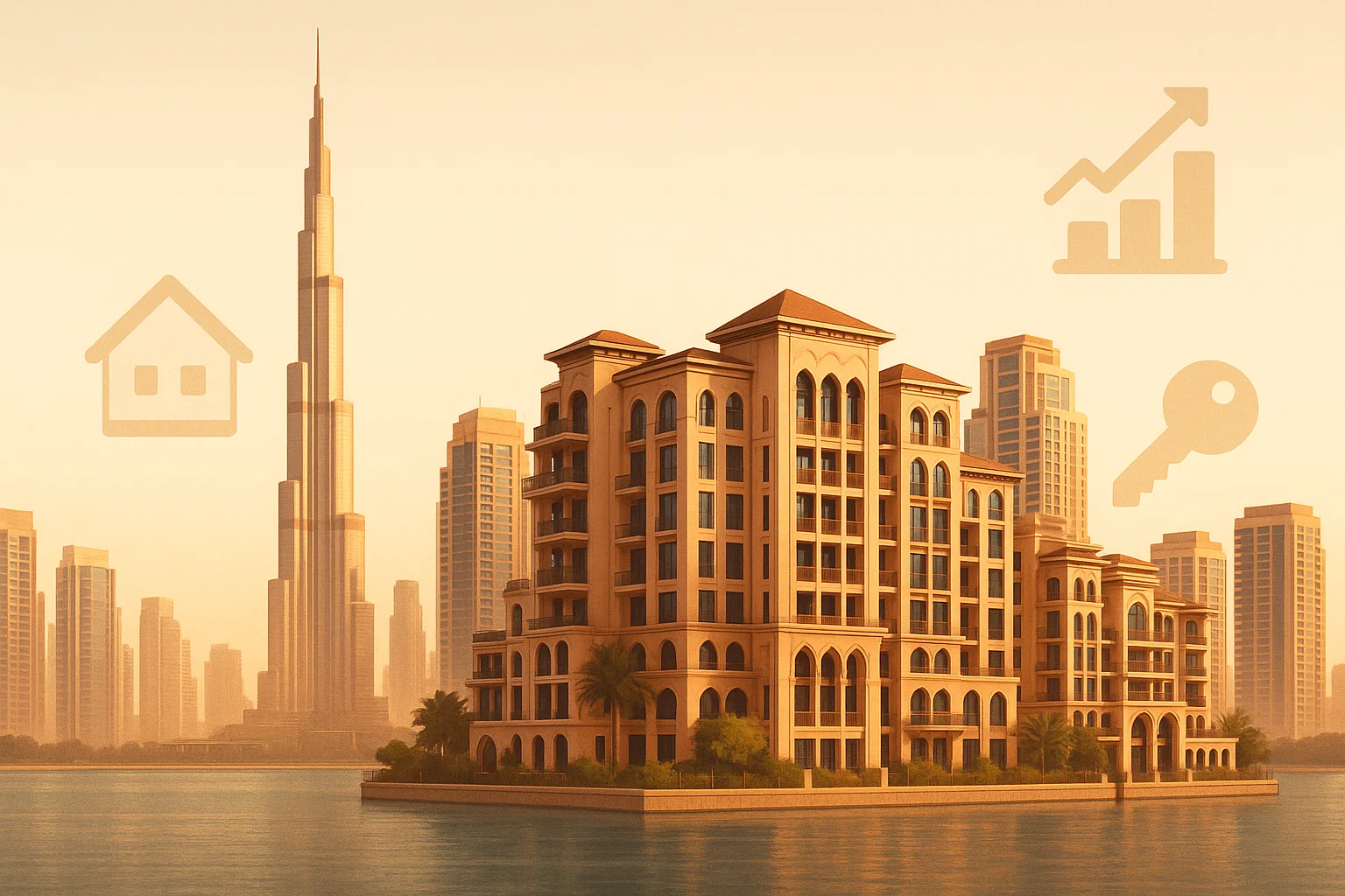 Dubai skyline with luxury properties and real estate investment icons, representing a trusted property advisor in Dubai.