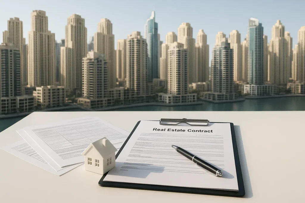 Ejari Dubai registration and rental regulations concept with Dubai skyline and property documents