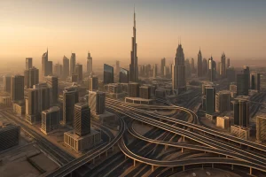 Aerial view of Dubai’s commercial districts and modern skyscrapers symbolizing commercial investment opportunities in Dubai.